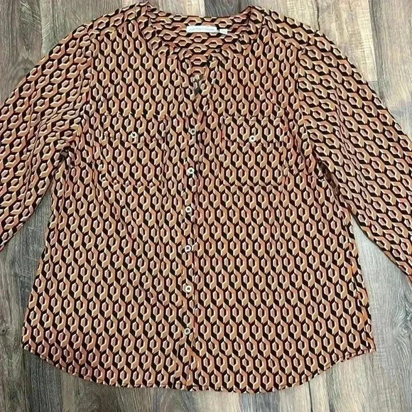 Notations women’s orange/black/tan pattern Blouse size large. Long sleeve v-neck - Picture 2 of 12